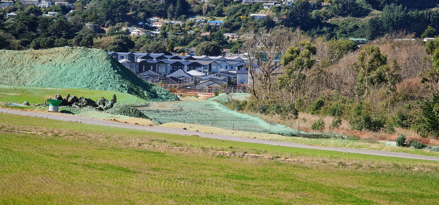 Freshly hydromulched slopes behind a new housing development