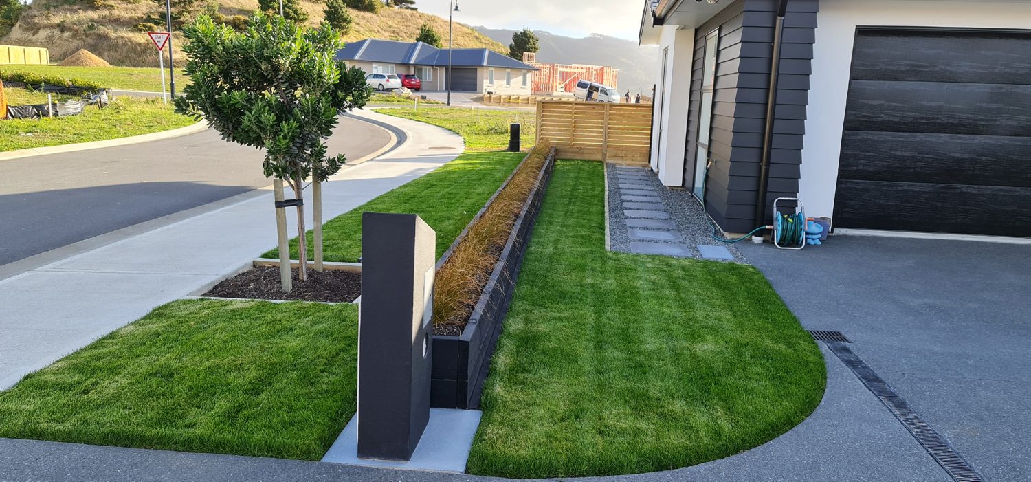 Neat new front lawn established by hydroseeding beside the driveway of a new home